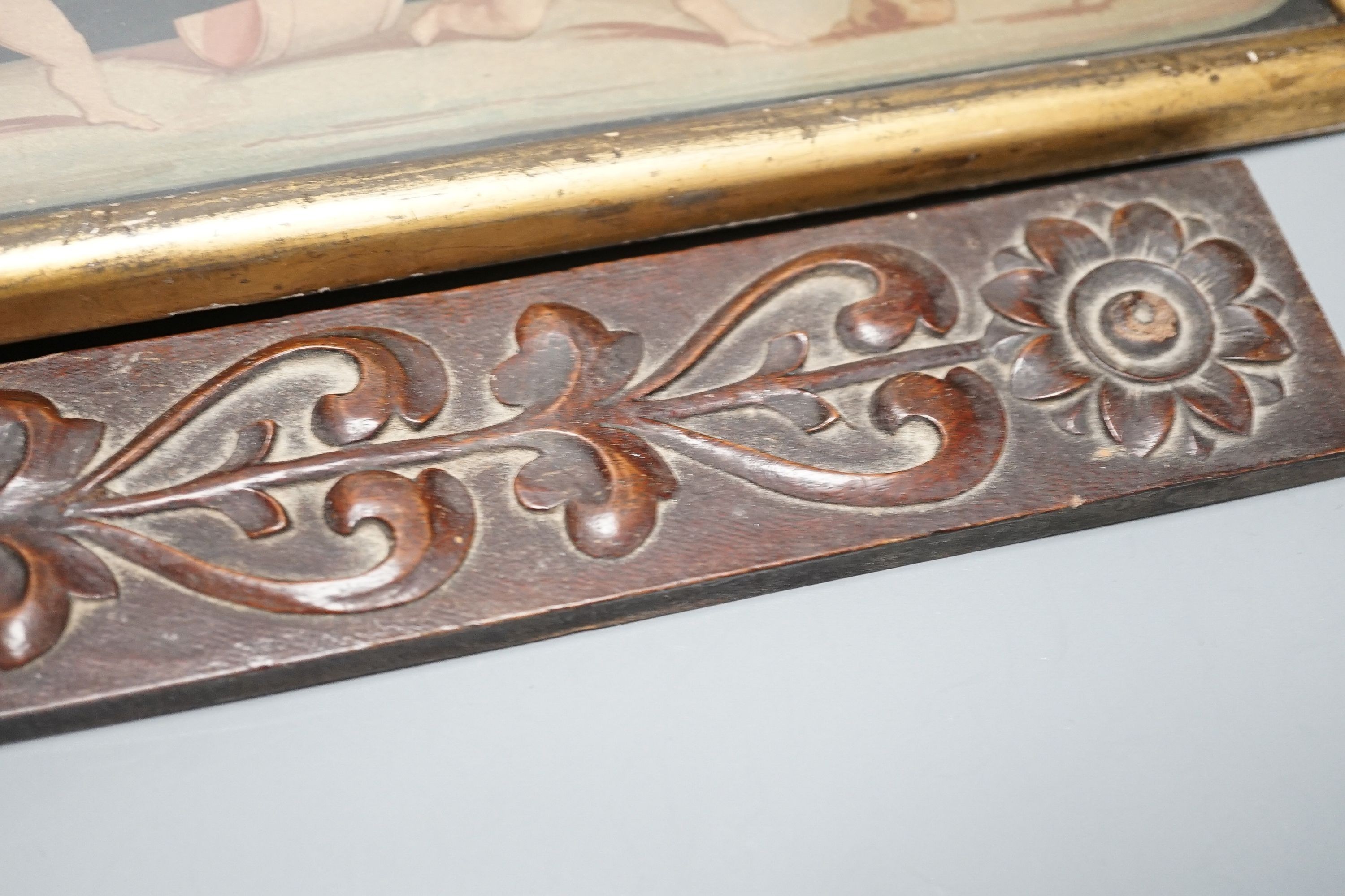 A pair of Aesthetic period relief carved mahogany panels with stylised floral designs, 43 x 5cm, a neo-classical print of cherubs, 14 x 24cm and a small hand coloured print of shells